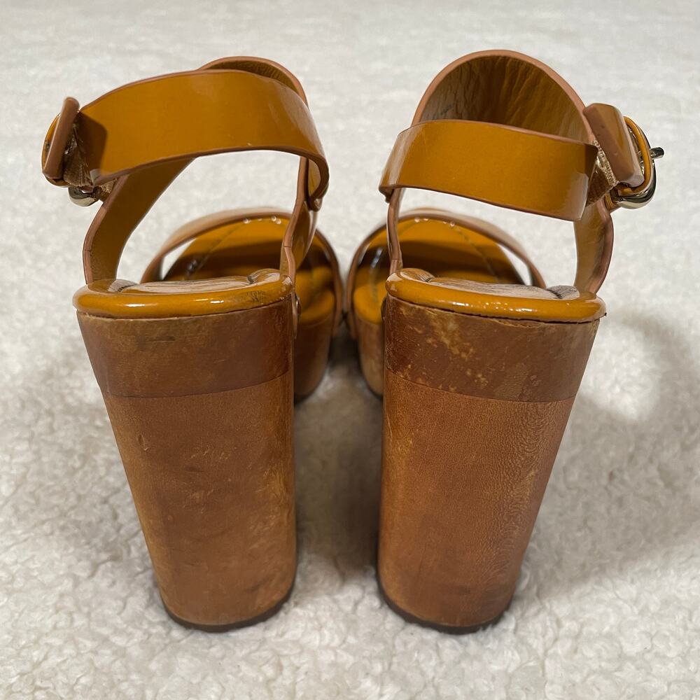 Joie Platform Sandal Heels Tan-Orange Patent Leather Wood Rivets Strappy 37 6.5‎ - Picture 7 of 10
